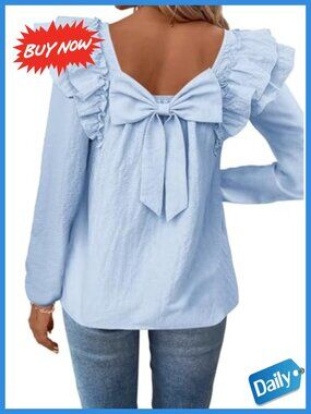 Womens Bow Tie Back Babydoll Square Neck Long Sleeve Blouse